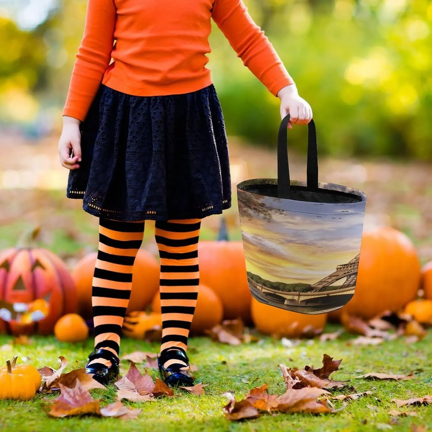 Halloween Candy Bucket,Halloween Trick Or Treat Bags,Eiffel Tower Paris Printed Collapsible Reusable Candy Basket