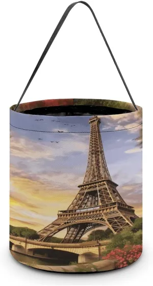 Halloween Candy Bucket,Halloween Trick Or Treat Bags,Eiffel Tower Paris Printed Collapsible Reusable Candy Basket