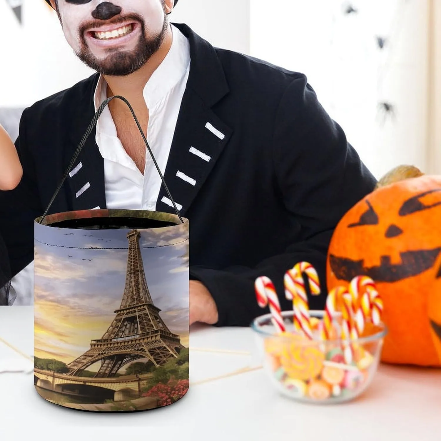 Halloween Candy Bucket,Halloween Trick Or Treat Bags,Eiffel Tower Paris Printed Collapsible Reusable Candy Basket