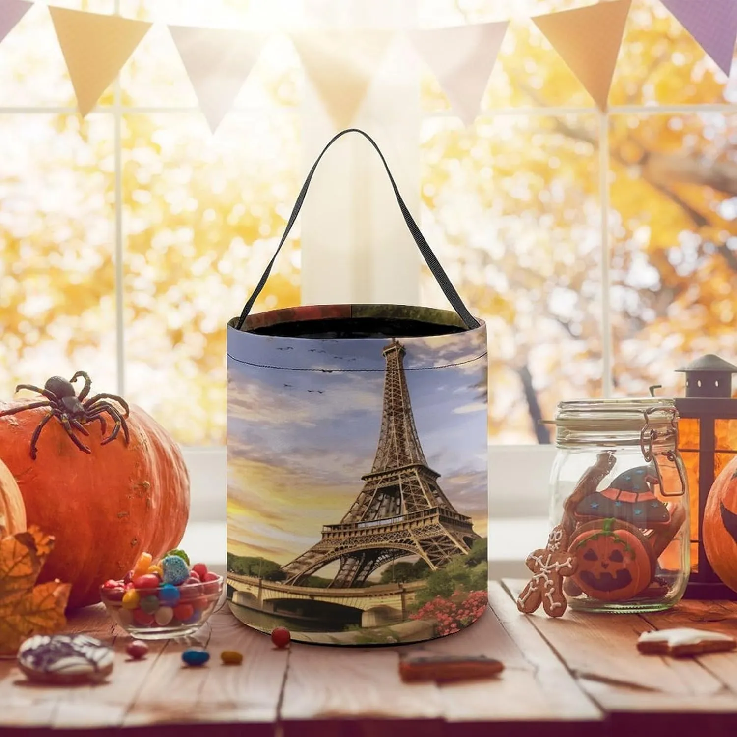 Halloween Candy Bucket,Halloween Trick Or Treat Bags,Eiffel Tower Paris Printed Collapsible Reusable Candy Basket