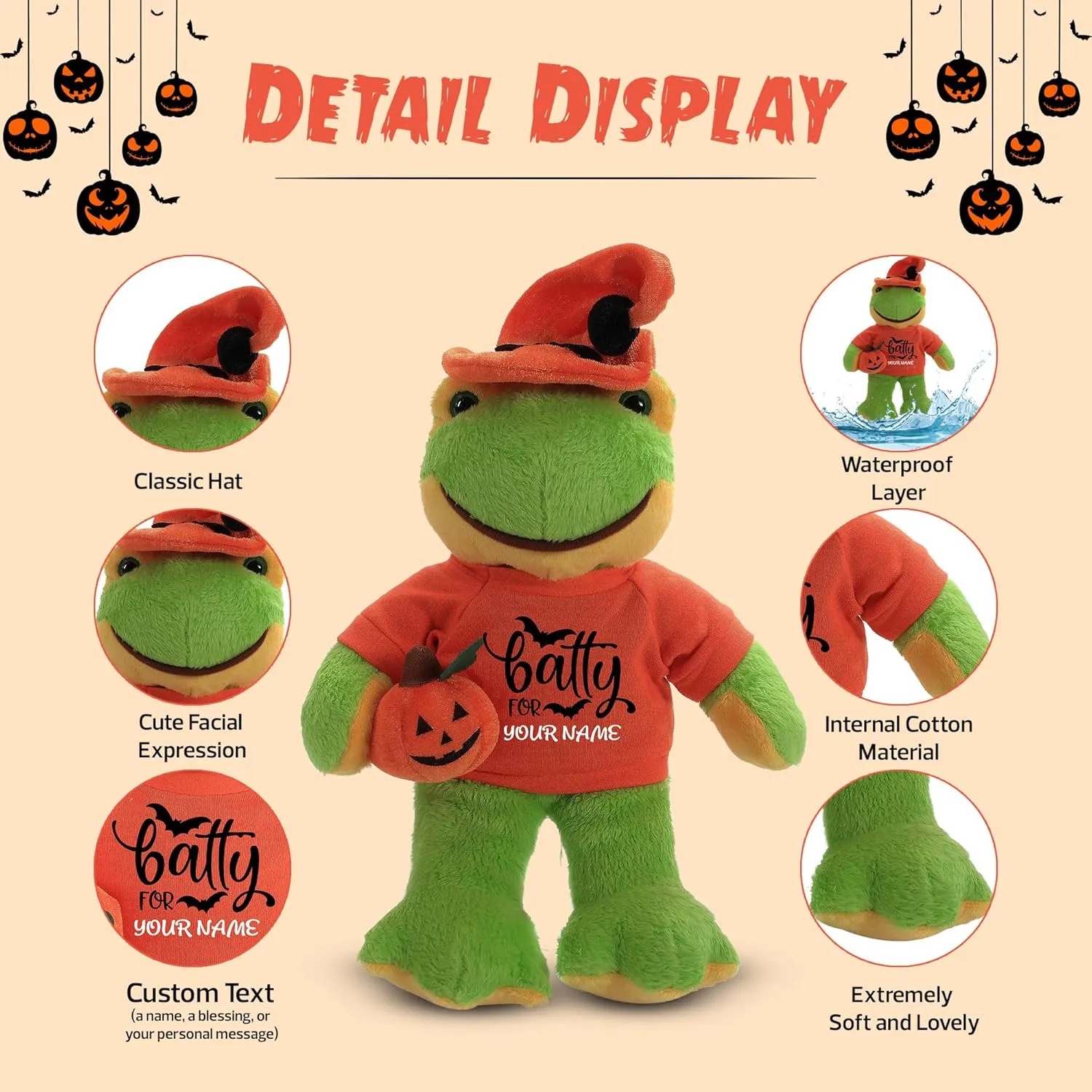 Halloween Stuffed Animal Plush Toys with Hat | Pumpkin- Too Cute to Spook-Gift for Her Gift for Him 12 inch (Frog)