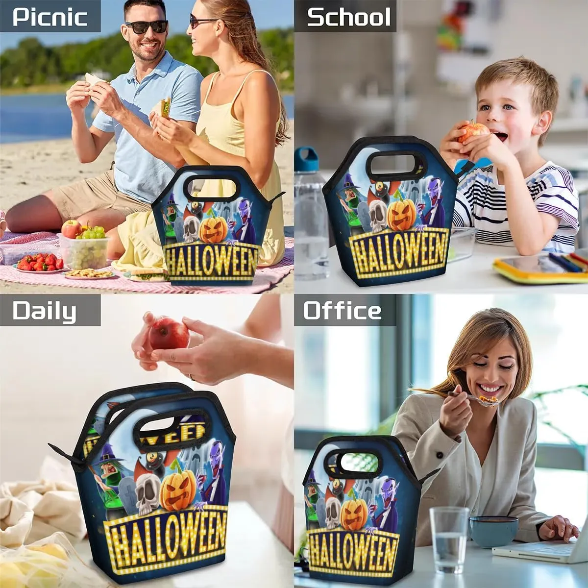Halloween Topic Lunch Tote Bag Reusable Insulated Lunch Box for Women Men Soft Lightweight Leakproof Portable Meal Prep Bags for Work Office Picnic Travel Beach