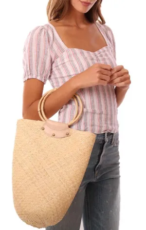 Handbags Woven Straw Bamboo Handle Natural Tote Bag