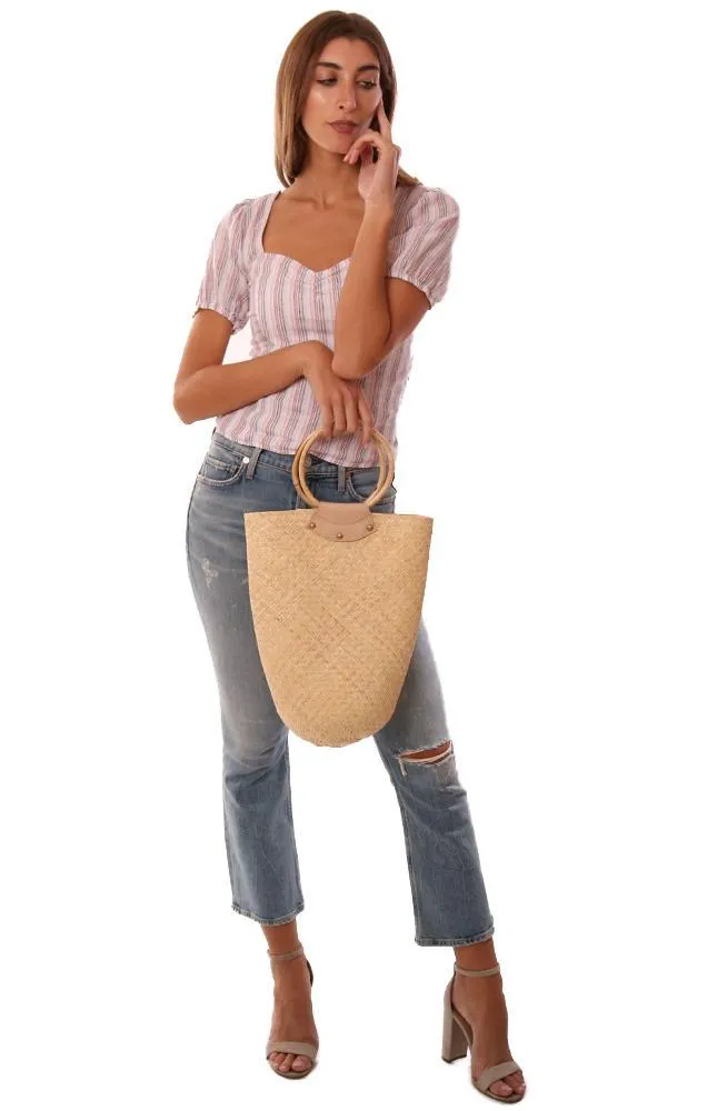 Handbags Woven Straw Bamboo Handle Natural Tote Bag