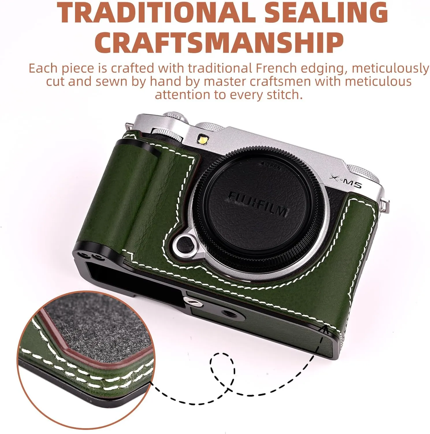 Handmade Genuine Leather Camera Half Case for Fujifilm X-M5/Fujifilm X-M5 Camera Case/Fujifilm X-M5 Case - Top Layer Cowhide Body   Metal Base Plate  Hand Shank Design (Green M-BOX)
