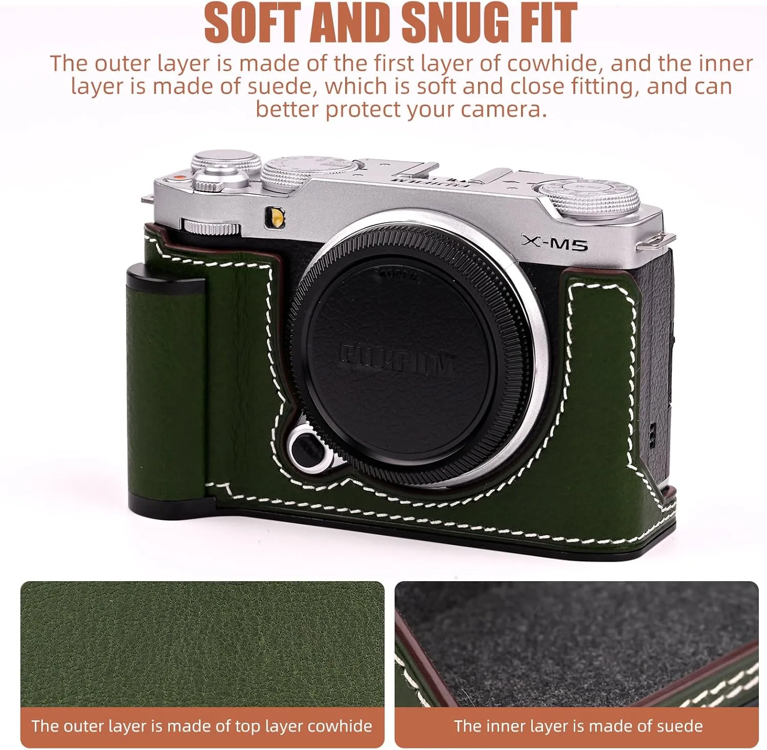 Handmade Genuine Leather Camera Half Case for Fujifilm X-M5/Fujifilm X-M5 Camera Case/Fujifilm X-M5 Case - Top Layer Cowhide Body   Metal Base Plate  Hand Shank Design (Green M-BOX)