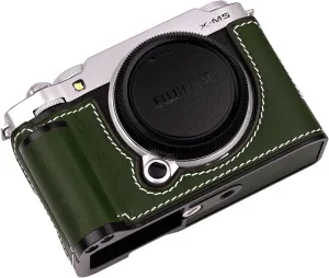 Handmade Genuine Leather Camera Half Case for Fujifilm X-M5/Fujifilm X-M5 Camera Case/Fujifilm X-M5 Case - Top Layer Cowhide Body   Metal Base Plate  Hand Shank Design (Green M-BOX)