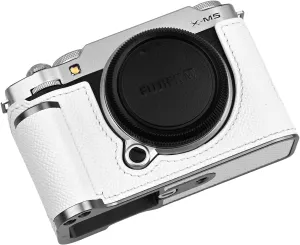 Handmade Genuine Leather Camera Half Case for Fujifilm X-M5/Fujifilm X-M5 Camera Case/Fujifilm X-M5 Case - Top Layer Cowhide Body   Metal Base Plate  Hand Shank Design (White)