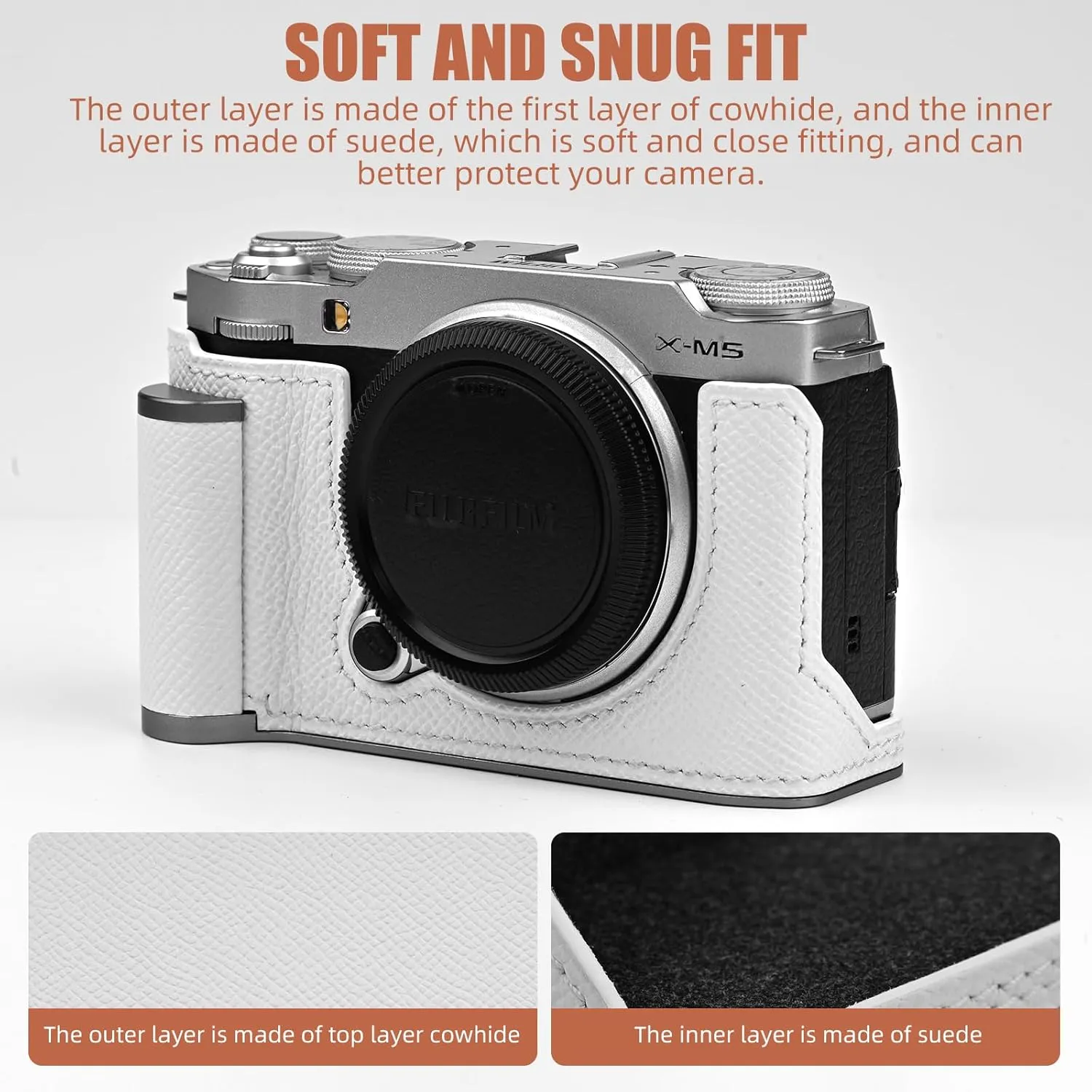 Handmade Genuine Leather Camera Half Case for Fujifilm X-M5/Fujifilm X-M5 Camera Case/Fujifilm X-M5 Case - Top Layer Cowhide Body   Metal Base Plate  Hand Shank Design (White)