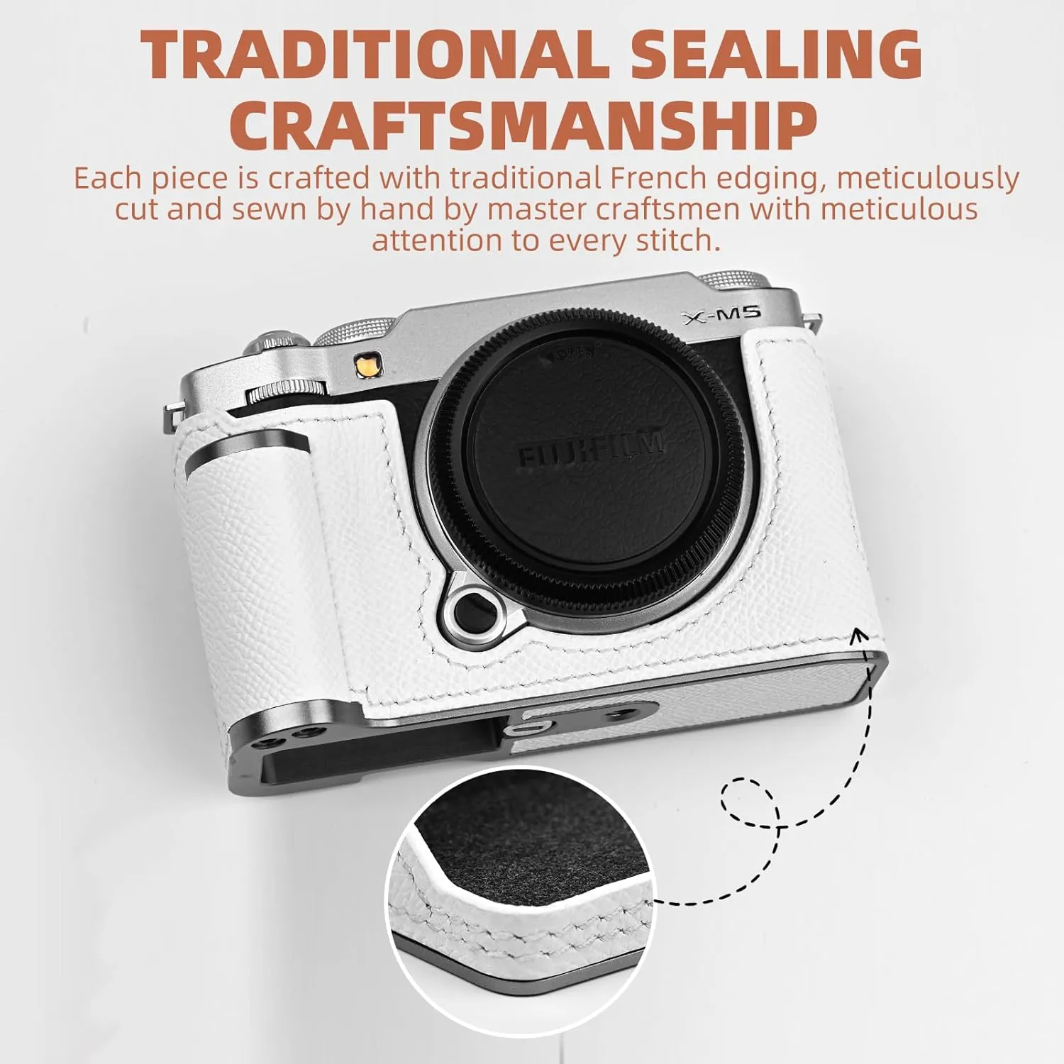 Handmade Genuine Leather Camera Half Case for Fujifilm X-M5/Fujifilm X-M5 Camera Case/Fujifilm X-M5 Case - Top Layer Cowhide Body   Metal Base Plate  Hand Shank Design (White)