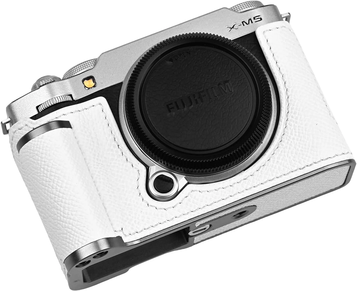 Handmade Genuine Leather Camera Half Case for Fujifilm X-M5/Fujifilm X-M5 Camera Case/Fujifilm X-M5 Case - Top Layer Cowhide Body   Metal Base Plate  Hand Shank Design (White)