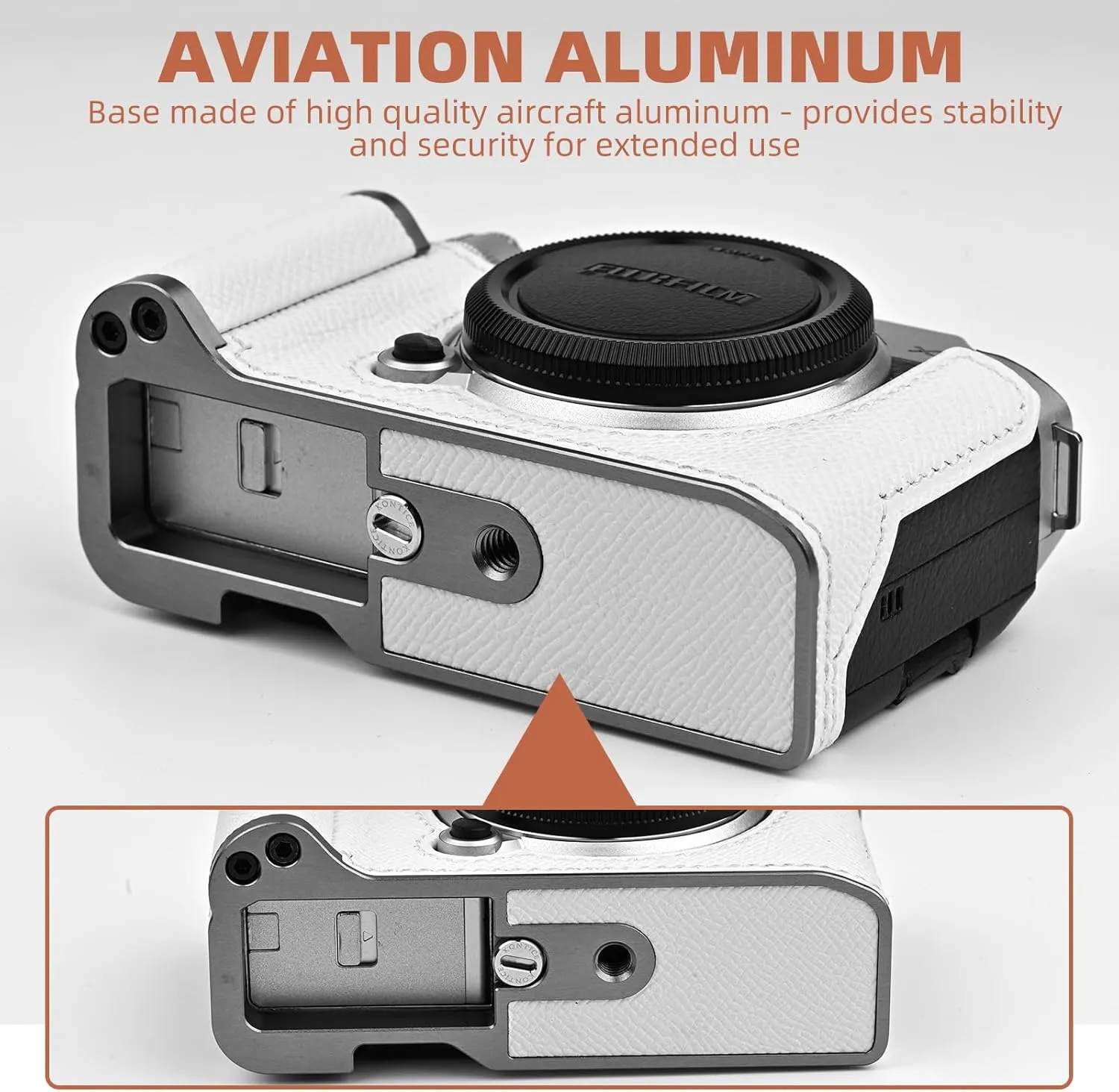 Handmade Genuine Leather Camera Half Case for Fujifilm X-M5/Fujifilm X-M5 Camera Case/Fujifilm X-M5 Case - Top Layer Cowhide Body   Metal Base Plate  Hand Shank Design (White)