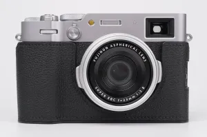Handmade Genuine Leather Camera Half Case for Fujifilm X100VI - Top Layer Cowhide Body   Metal Base Plate - Hand Shank Free Design (Black)