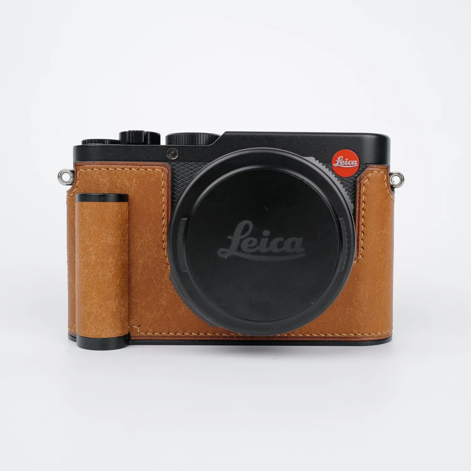 Handmade Genuine Leather Camera Half Case for Leica D-Lux 8 Camera Case/Leica D-Lux 8 Case-Top Layer Cowhide Body   Hand Sewn Saddle Stitch   Metal Base Plate   Hand Shank(Yellowish-Brown)