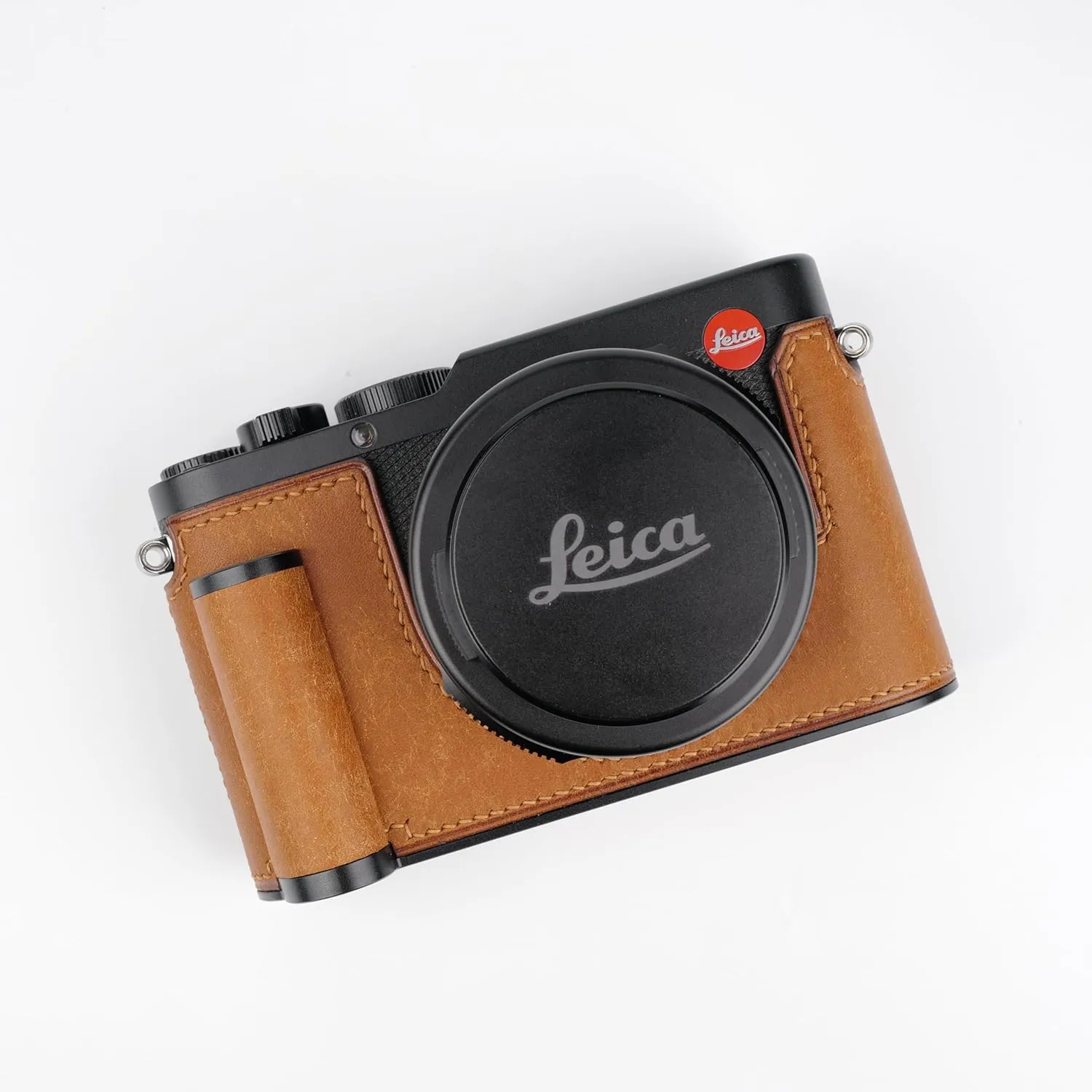 Handmade Genuine Leather Camera Half Case for Leica D-Lux 8 Camera Case/Leica D-Lux 8 Case-Top Layer Cowhide Body   Hand Sewn Saddle Stitch   Metal Base Plate   Hand Shank(Yellowish-Brown)