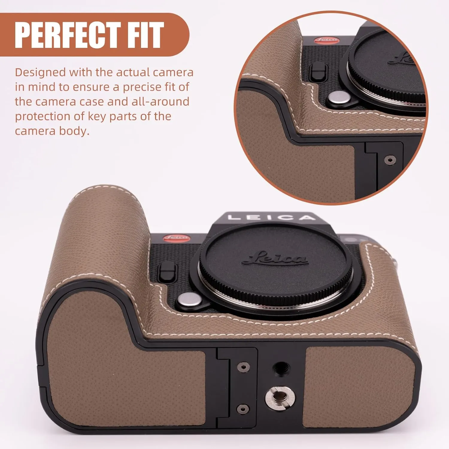 Handmade Genuine Leather Camera Half Case for Leica SL3/Leica SL3s Case - Top Layer Cowhide Body   Metal Base Plate - Hand Shank Design (Etoupe Gray)