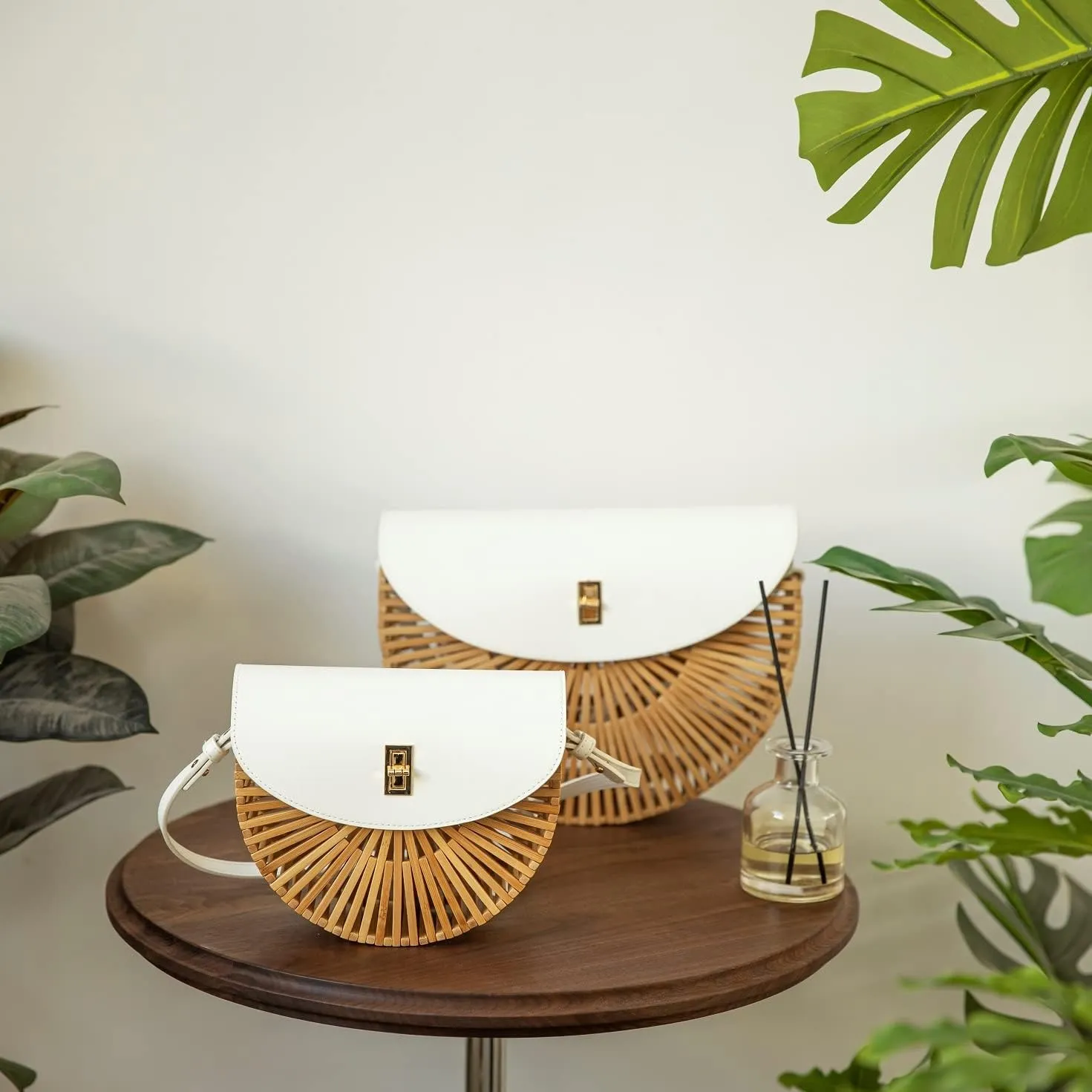 Handwoven Bamboo Bag Summer Straw Purse Crossbody Bags for Women Natural Handmade Beach Bamboo Purse with Leather Strap