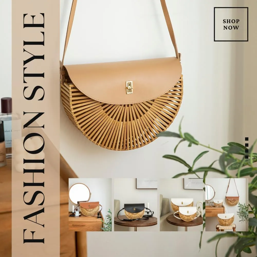 Handwoven Bamboo Bag Summer Straw Purse Crossbody Bags for Women Natural Handmade Beach Bamboo Purse with Leather Strap