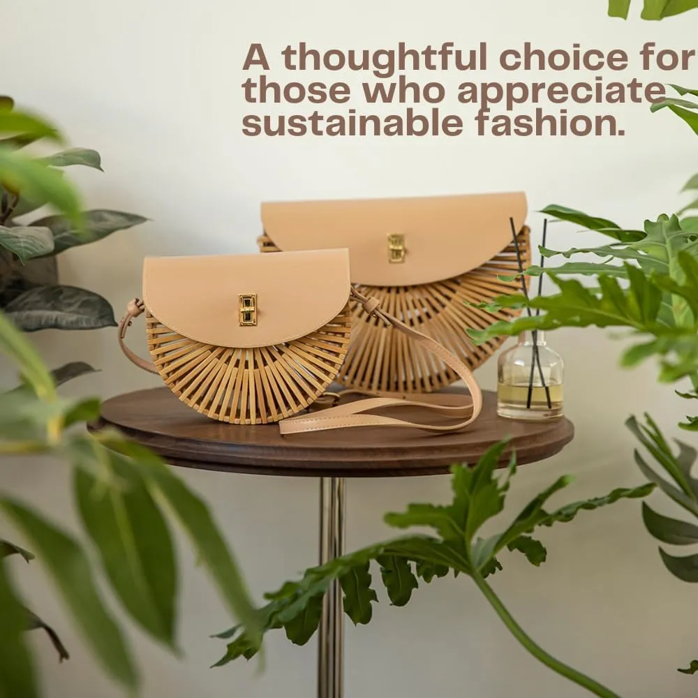 Handwoven Bamboo Bag Summer Straw Purse Crossbody Bags for Women Natural Handmade Beach Bamboo Purse with Leather Strap