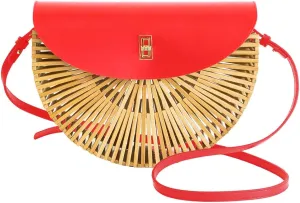 Handwoven Bamboo Bag Summer Straw Purse Crossbody Bags for Women Natural Handmade Beach Bamboo Purse with Leather Strap