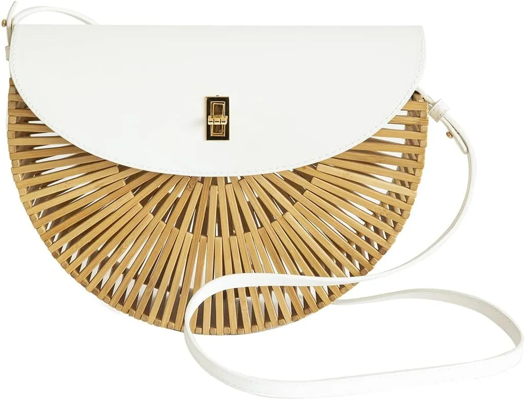Handwoven Bamboo Bag Summer Straw Purse Crossbody Bags for Women Natural Handmade Beach Bamboo Purse with Leather Strap