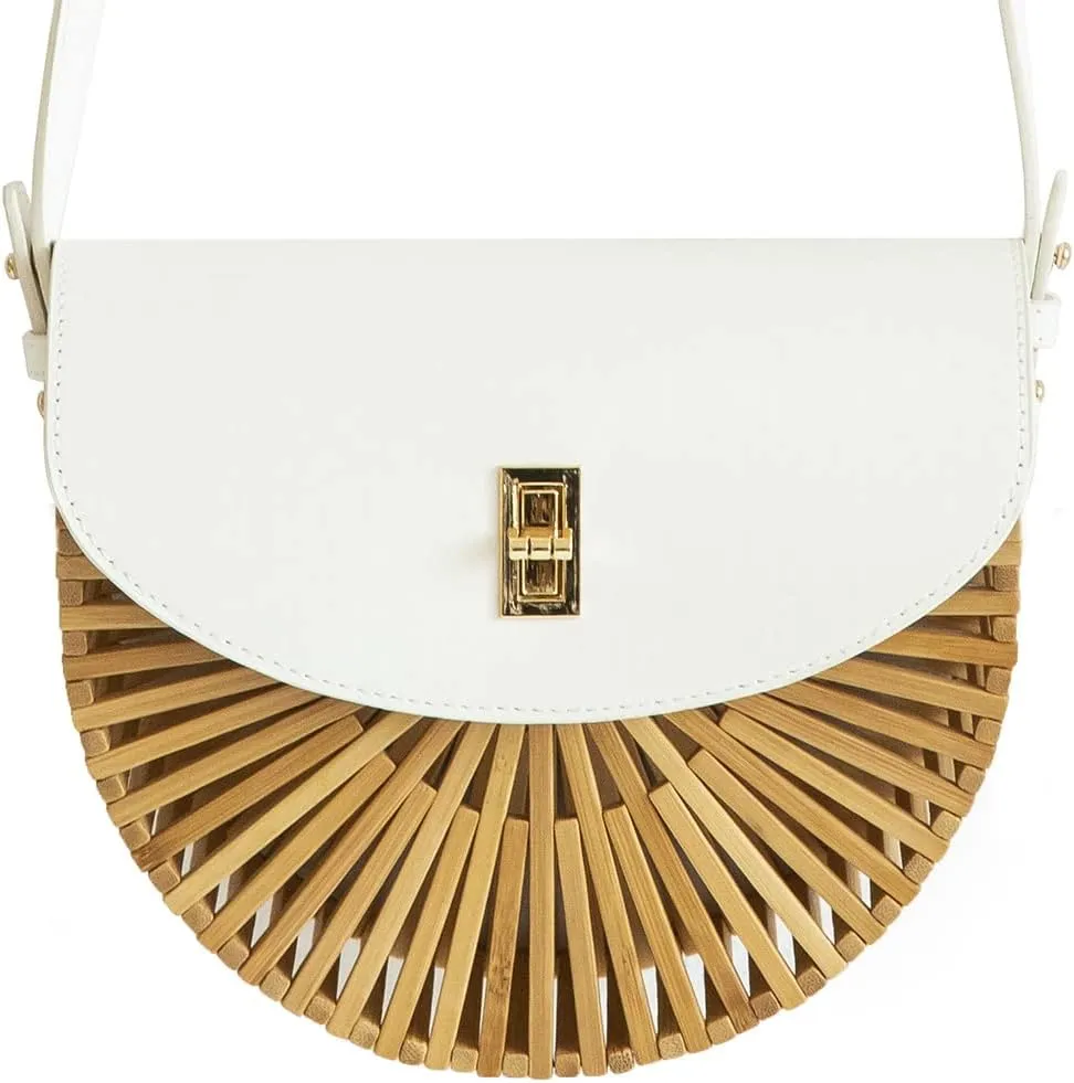 Handwoven Bamboo Bag Summer Straw Purse Crossbody Bags for Women Natural Handmade Beach Bamboo Purse with Leather Strap