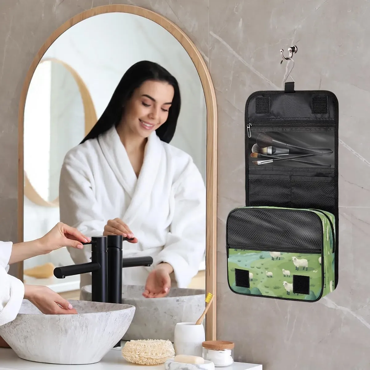 Hanging Travel Toiletry Bag Grassland Sheep Toiletry Bags with Hanging Hook Portable Cosmetic Bag Makeup Organizer for Travel Business Trip