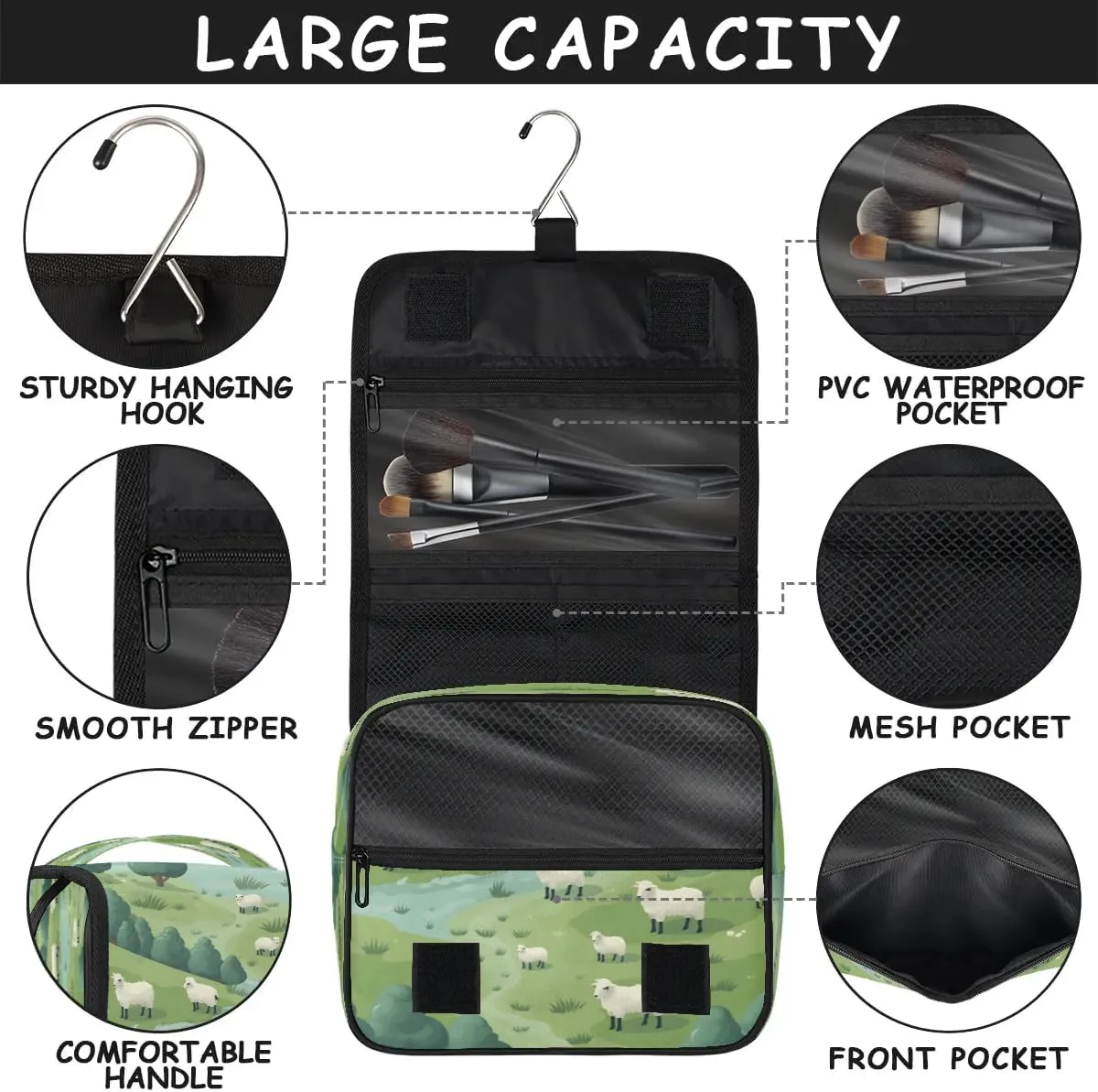 Hanging Travel Toiletry Bag Grassland Sheep Toiletry Bags with Hanging Hook Portable Cosmetic Bag Makeup Organizer for Travel Business Trip