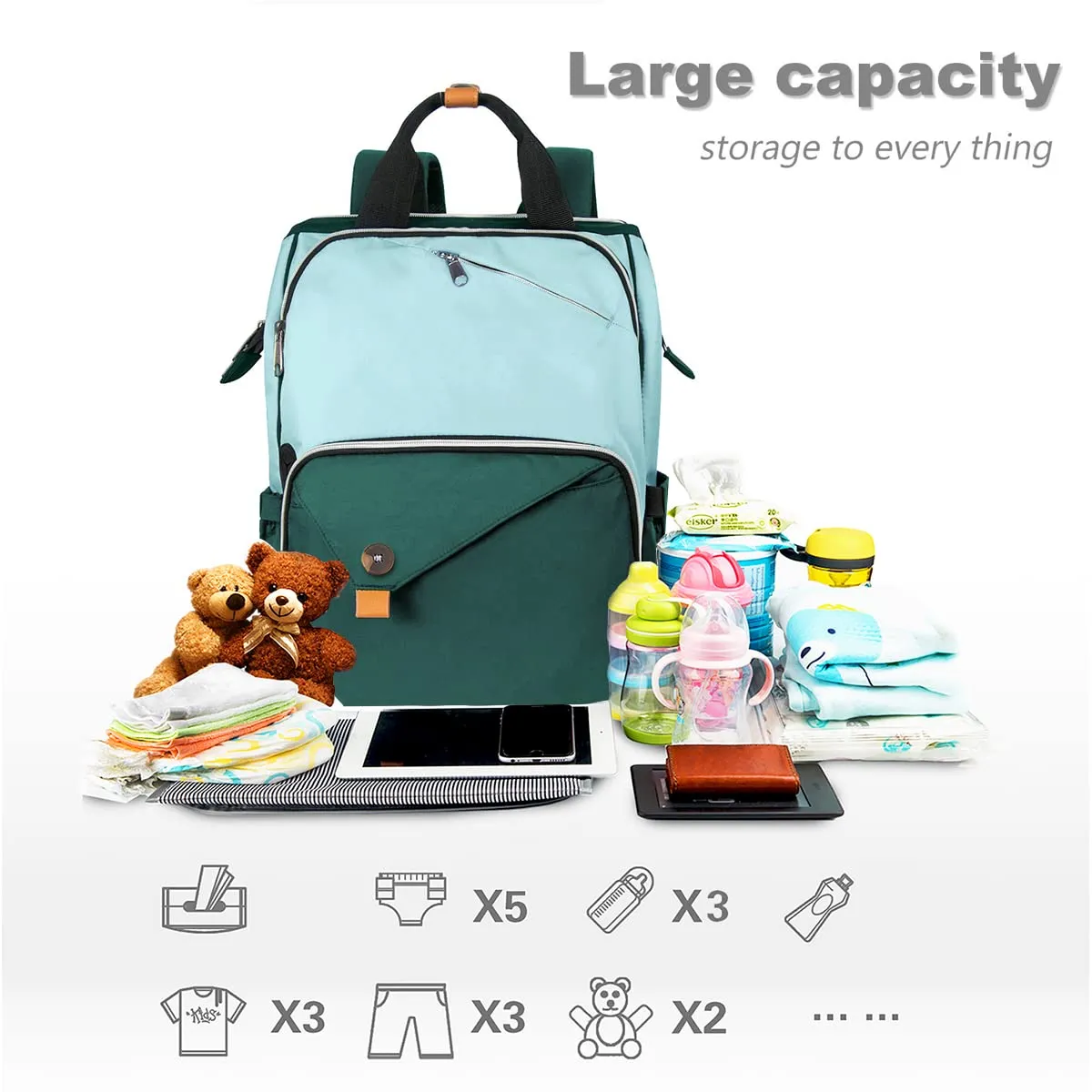 Hap Tim Baby Diaper Bag for Boys Girls, Large Backpack Diaper Bags with Double Compartments, Baby Registry Search Shower Gifts Stuff Newborn Must Haves, Green（7340-GR）