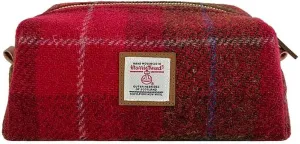 Harris Tweed Wool Cosmetic Bag, Large Capacity Scottish Tartan Handmade Makeup Organizer, Stain-Resistant Travel Toiletry Pouch for Women (Red)