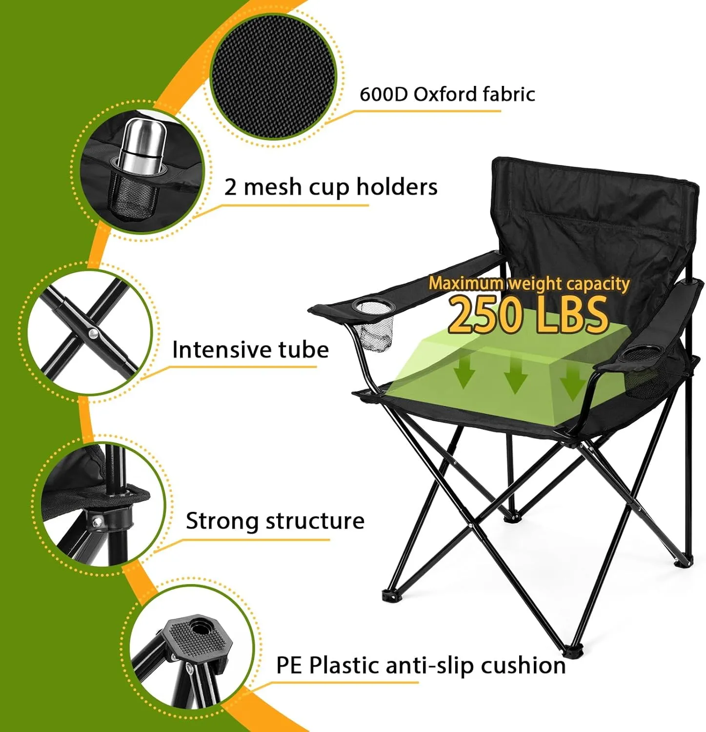 HaSteeL Folding Camping Chair Set of 3, Foldable Black Camp Chairs & Grey Table, Large Lawn Chair Portable for Adults Hiking, Fishing, Picnic, Outdoor BBQ, Travel, Sports, Cup Holders & Storage Bags