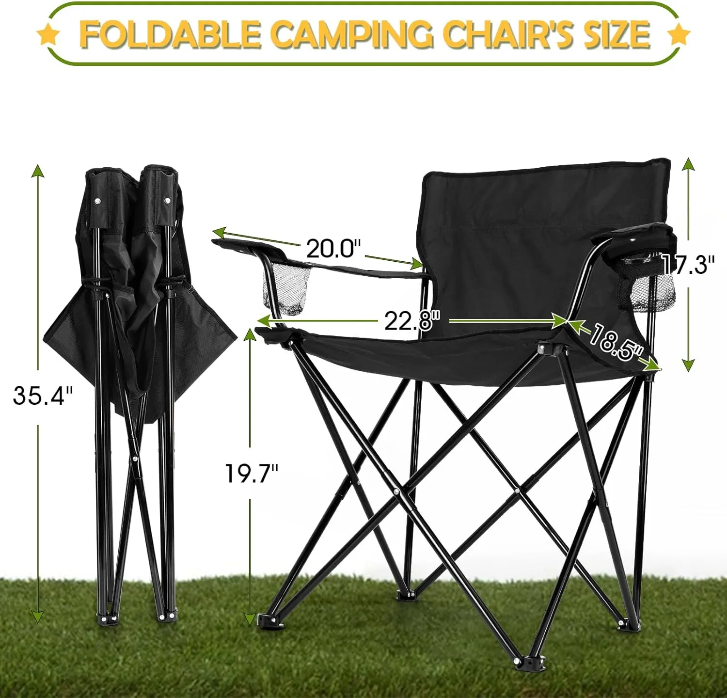 HaSteeL Folding Camping Chair Set of 3, Foldable Black Camp Chairs & Grey Table, Large Lawn Chair Portable for Adults Hiking, Fishing, Picnic, Outdoor BBQ, Travel, Sports, Cup Holders & Storage Bags