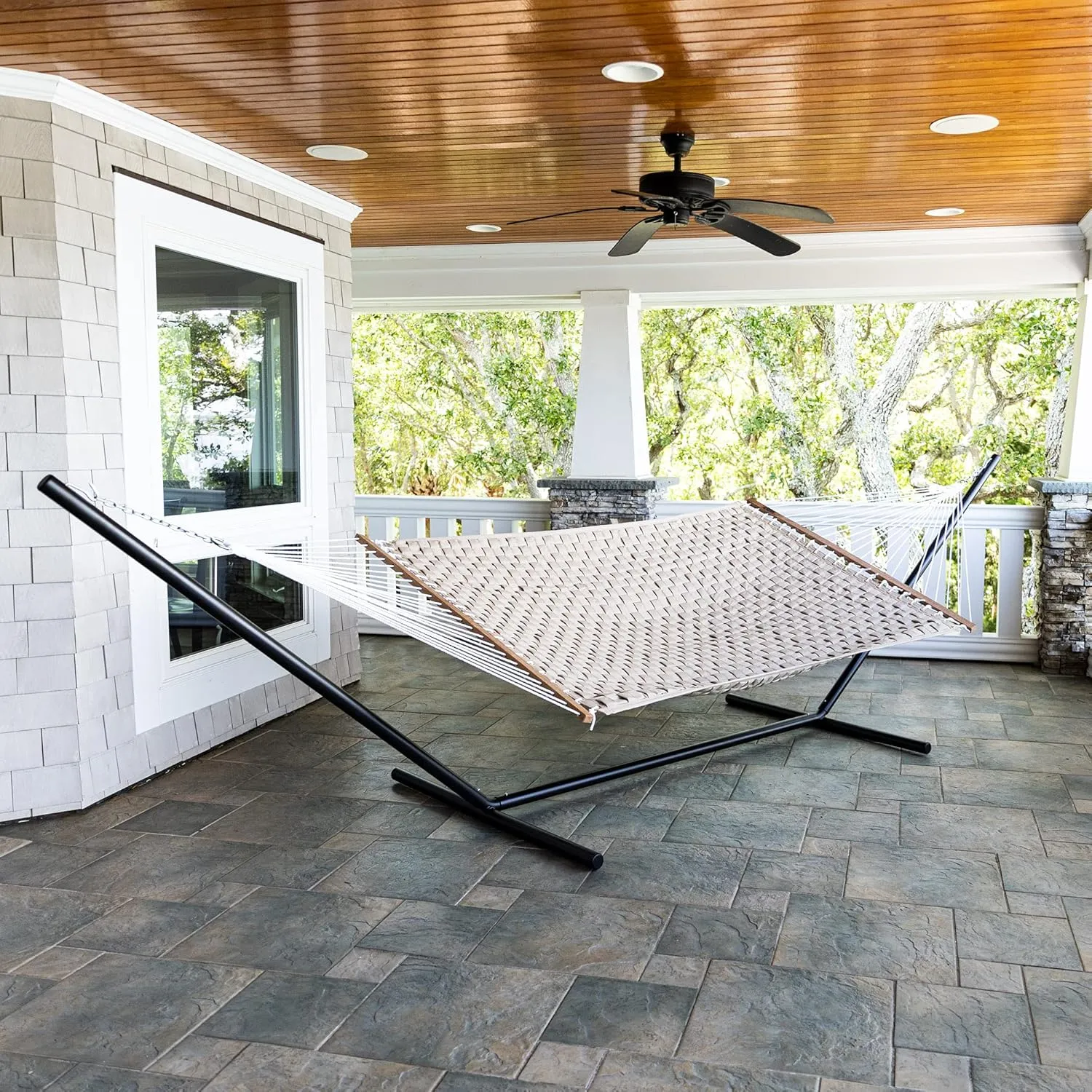 Hatteras Hammocks Antique Beige Soft Weave Hammock with Free Extension Chains & Tree Hooks, Handcrafted in The USA, Accommodates 2 People, 450 LB Weight Capacity, 13 ft. x 55 in.