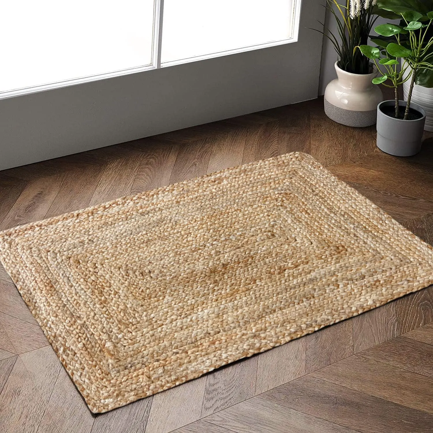 Hausattire Hand Woven Jute Braided Rug, 2'x3' – Natural, Reversible Boho Entry Area Rugs for Kitchen, Living Room I Farmhouse Indoor Outdoor Decorative Floor Rug, 24x36 Inches