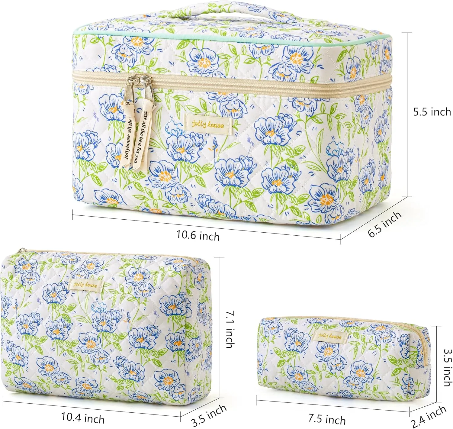 HBselect Quilted Makeup Bag, 3PCS Cotton Large Travel Makeup Bag, Cute Floral Coquette Make up Bag Cosmetic Bag Toiletry Bag for Women Girls