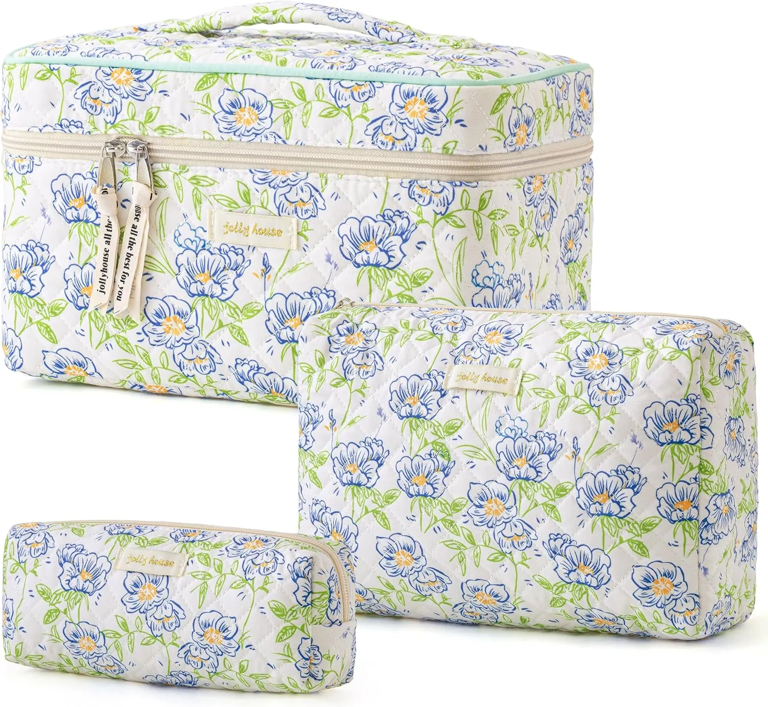 HBselect Quilted Makeup Bag, 3PCS Cotton Large Travel Makeup Bag, Cute Floral Coquette Make up Bag Cosmetic Bag Toiletry Bag for Women Girls
