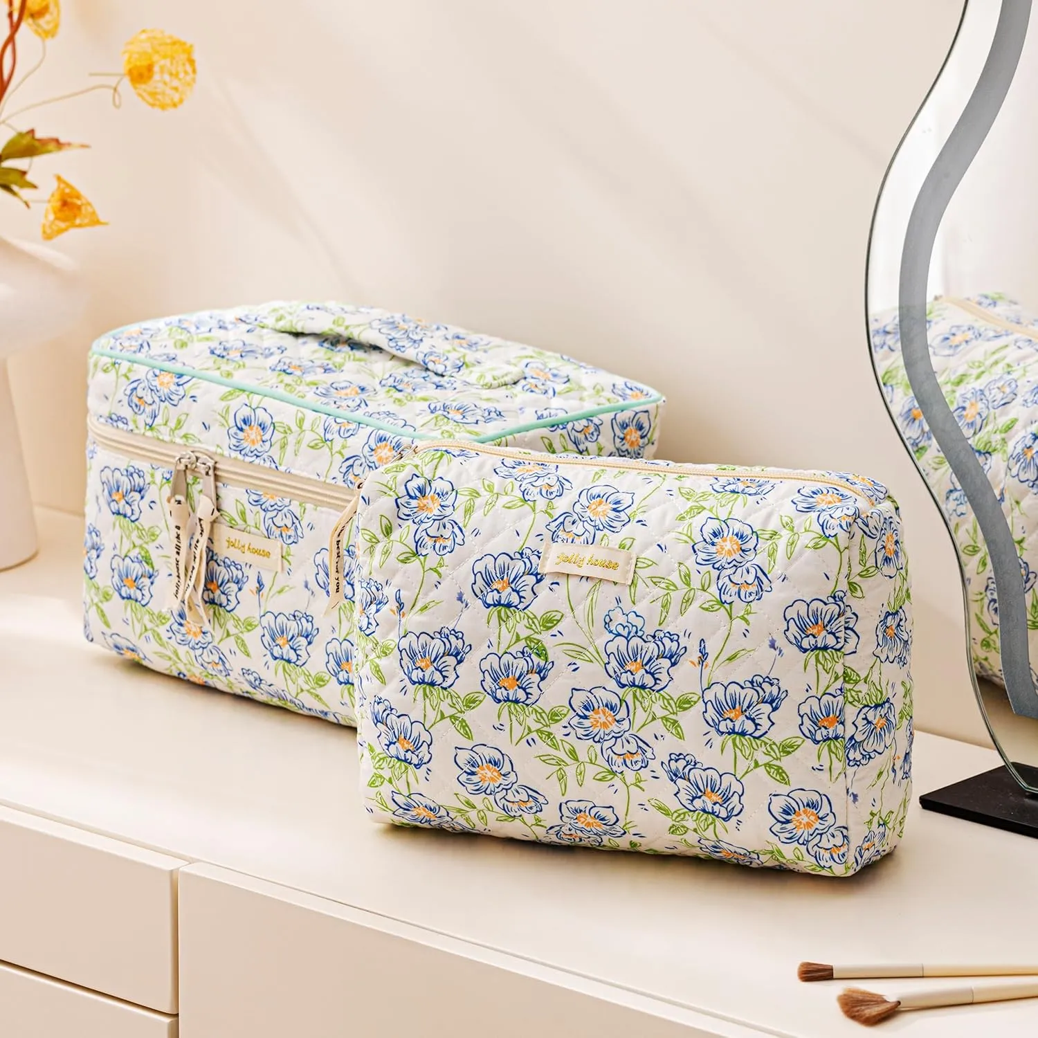 HBselect Quilted Makeup Bag, 3PCS Cotton Large Travel Makeup Bag, Cute Floral Coquette Make up Bag Cosmetic Bag Toiletry Bag for Women Girls