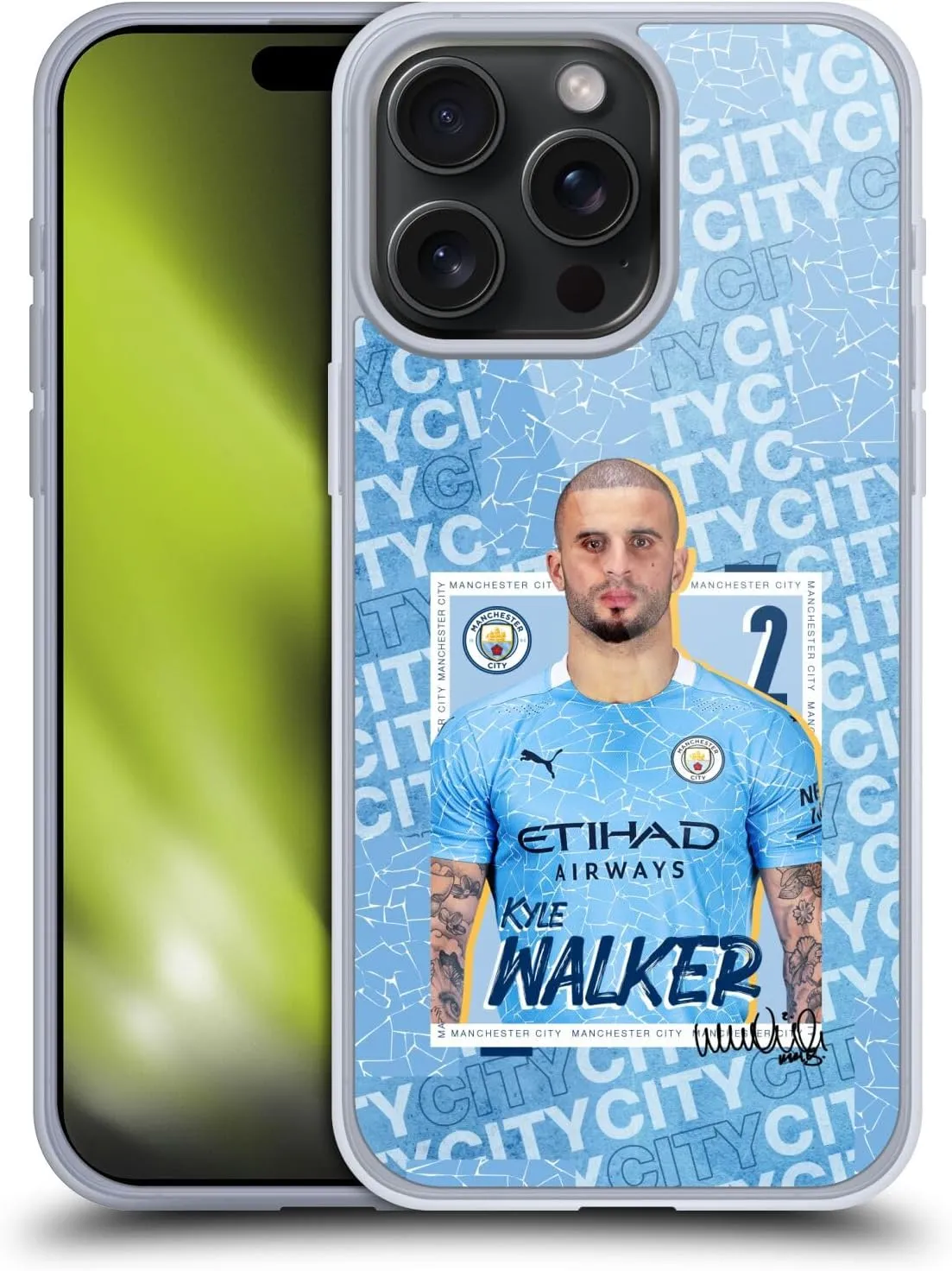 Head Case Designs Officially Licensed Manchester City Man City FC Kyle Walker 2020/21 First Team Gel Case [Military Grade Protection] Compatible with Apple iPhone 15 Pro Max and MagSafe