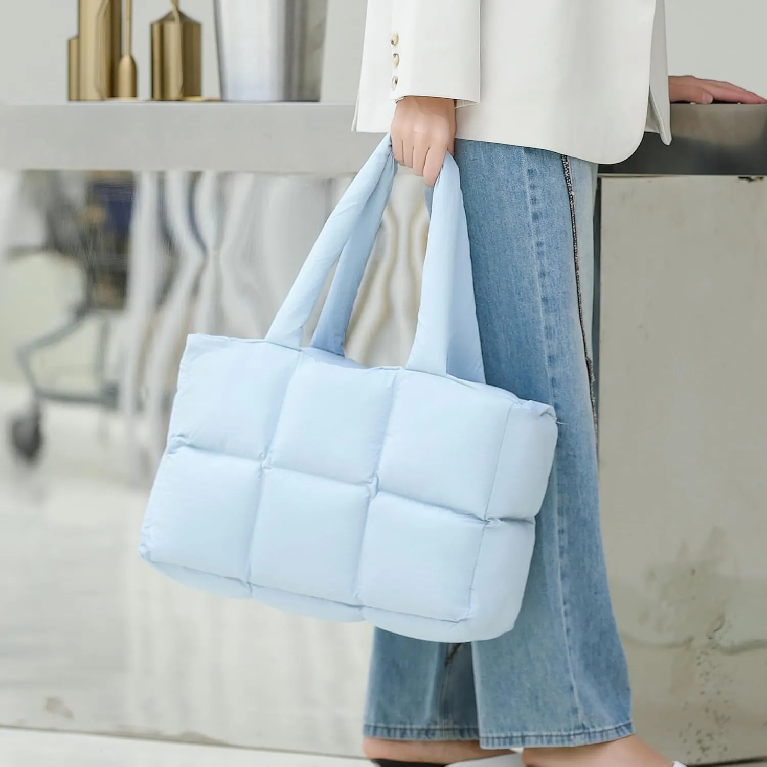 Herald Puffer Tote Bag for Women, Large Quilted Puffy Handbag Lightweight Satchel Purse for Work Travel Gym Shop