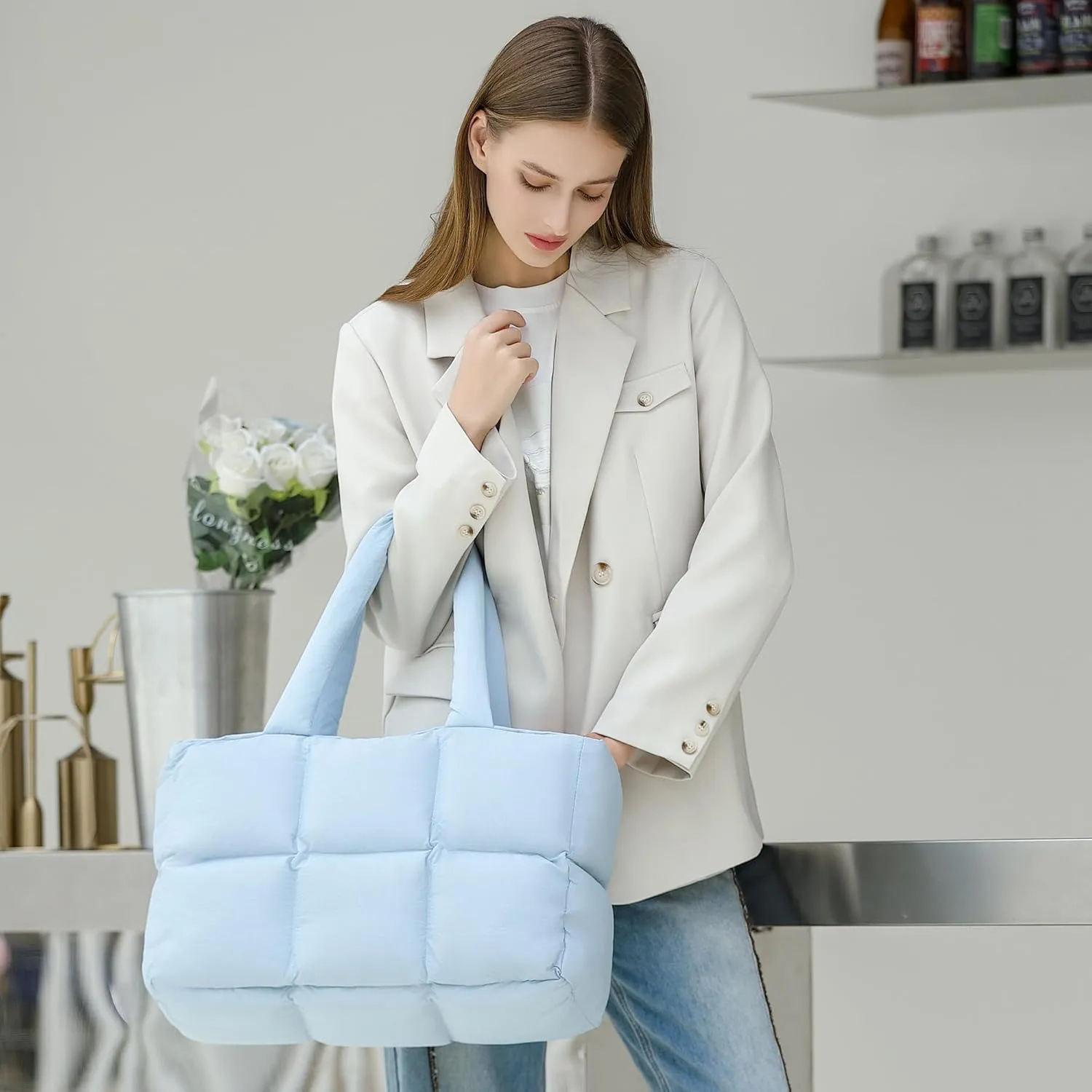 Herald Puffer Tote Bag for Women, Large Quilted Puffy Handbag Lightweight Satchel Purse for Work Travel Gym Shop