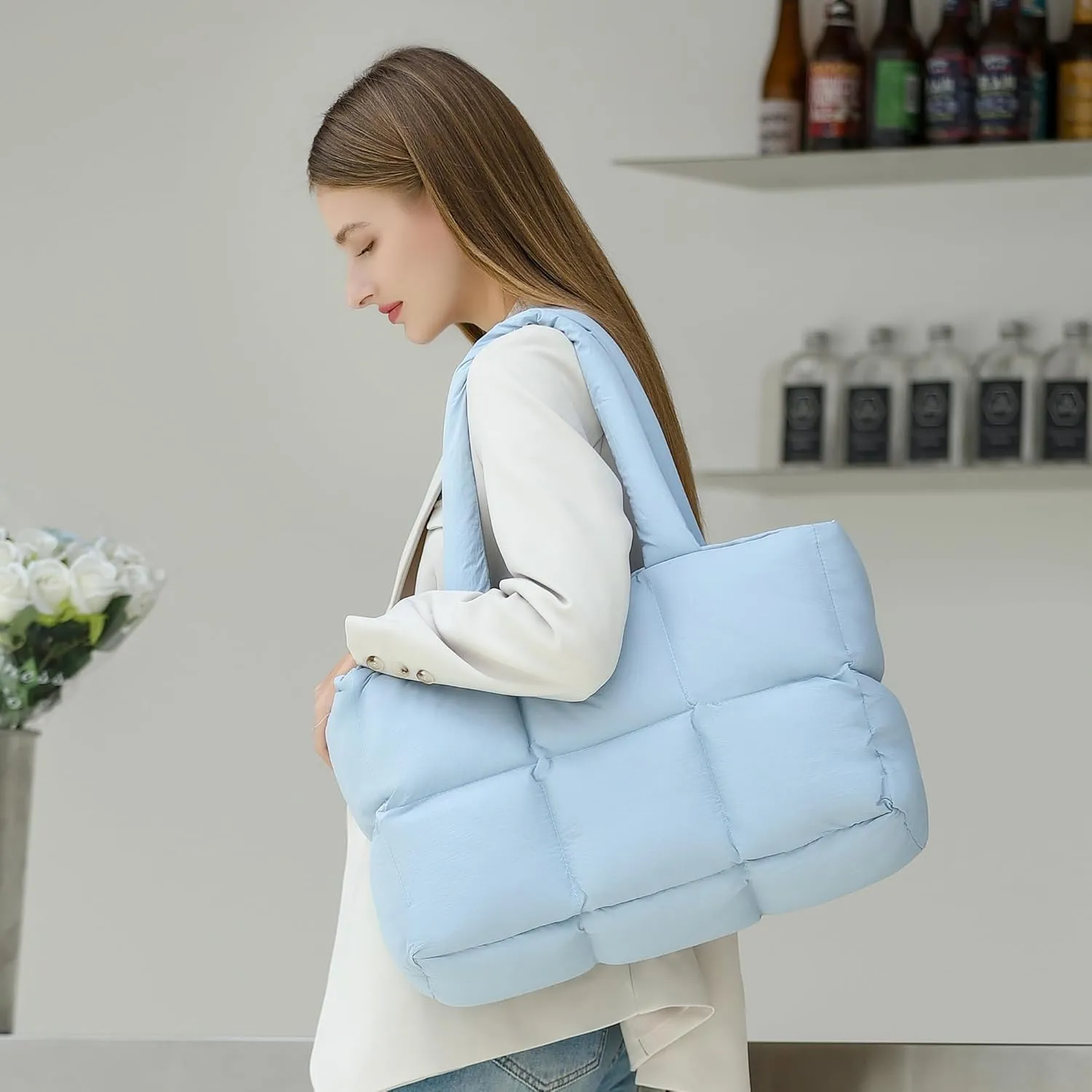 Herald Puffer Tote Bag for Women, Large Quilted Puffy Handbag Lightweight Satchel Purse for Work Travel Gym Shop