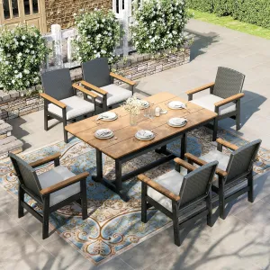 HERA'S HOUSE Patio Table and Chairs Set 7-Piece, Outdoor HDPE Dining Furniture Set with Cushions, All-Weather Wood Grain Table & Wicker Chairs for Backyard, Garden, Deck (Durable & Low Maintenance)