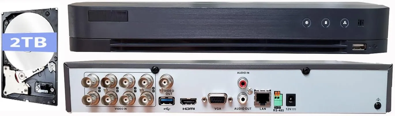 HIK 8CH 5MP DVR iDS-7208HQHI-M1/S AcuSense Series with 2TB HDD-8 Channel DVR Supports 5MP HD-TVI CVI AHD HD Analog Coax   up to 4 IP Channels H.265  Compatible with Hikvision Hik-Connect APP