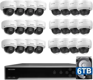 HIK-Vision 32 Channel PoE Security Camera System, 32 CH 4K 8MP H.265 NVR with 24 pcs 4MP Wired IP PoE Dome Cameras, 6TB Storage, Plug and Play Compatible with Hikvision Hik-Connect