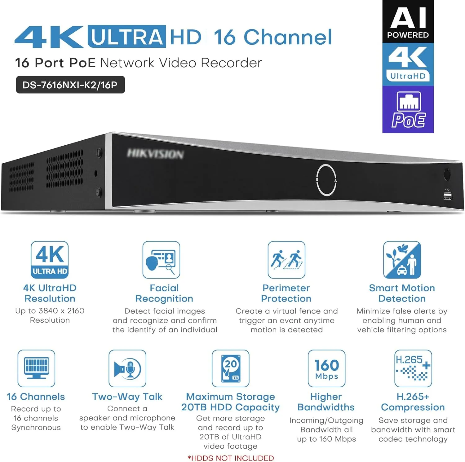 HIKV 16 Channel NVR Camera System Kit, DS-7616NXI-K2/16P 4K ACU-Sense 16 PoE NVR, 16X DS-2CD2183G2-IU 8MP VCA Mic Dome IP Cameras, Facial Recognition, AI Detection, Compatible for Hikvision(NO HDD)