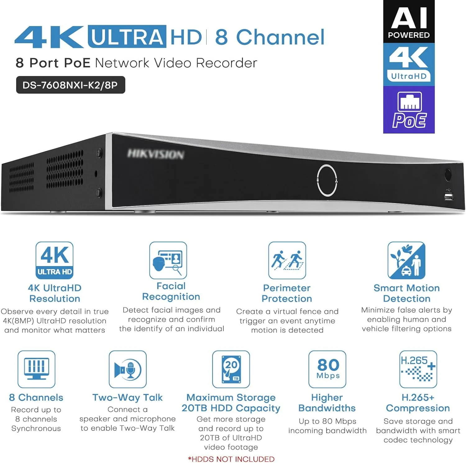 HIKV 8 Channel NVR System Kit, DS-7608NXI-K2/8P 4K ACU-Sense PoE NVR, 8X DS-2CD2183G2-LIS2U 8MP Mic IP Camera, Facial Recognition, Perimeter Protection, AI Detection, Compatible for Hikvision(NO HDD)