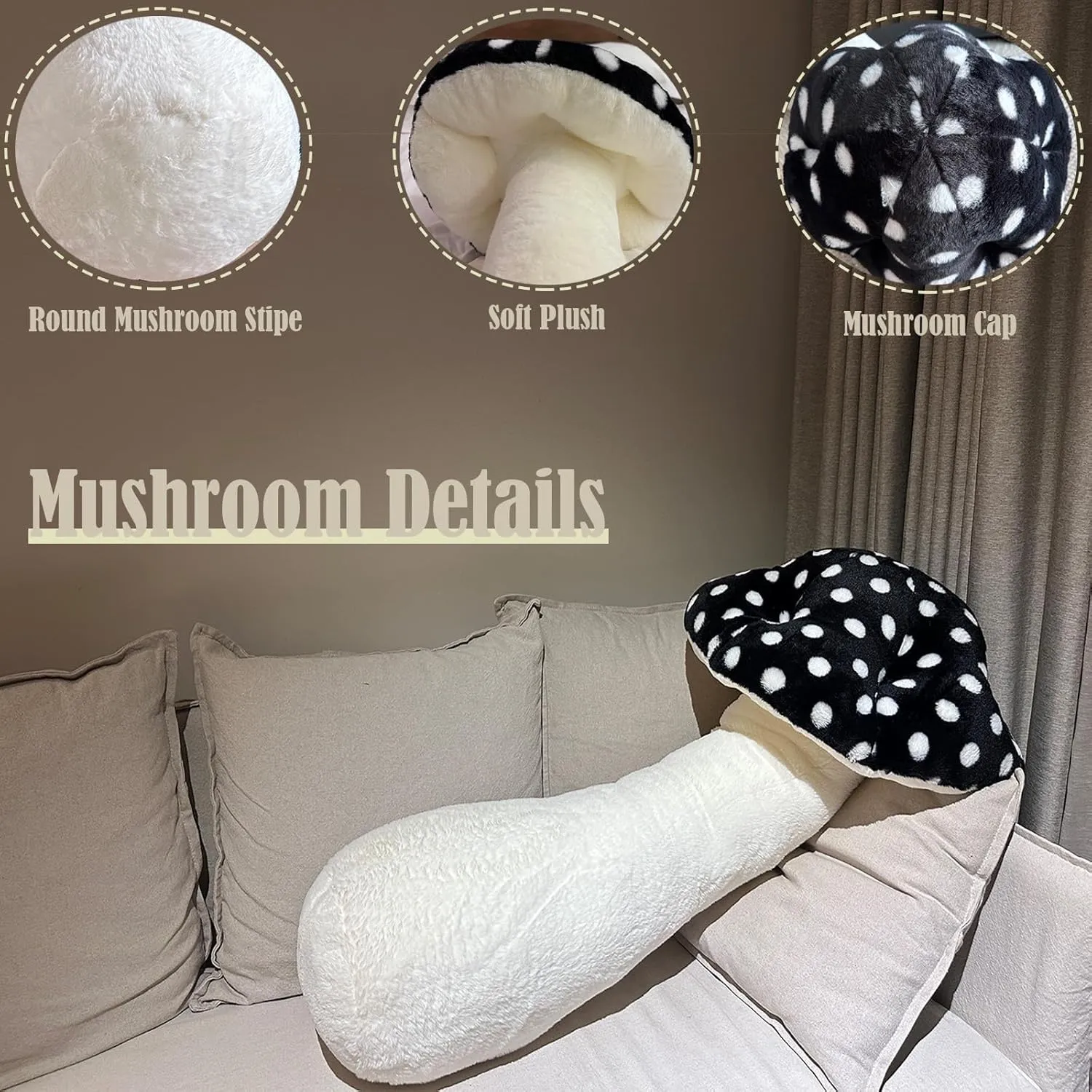 Hofun4U Giant Mushroom Plush Pillow - 51 inch Mushroom Shaped Stuffed Long Body Pillow - Polka Dot Mushroom Plush - Christmas Birthday Gifts Choice Home Decoration (Black) (Hofun-flumush-Black-130)