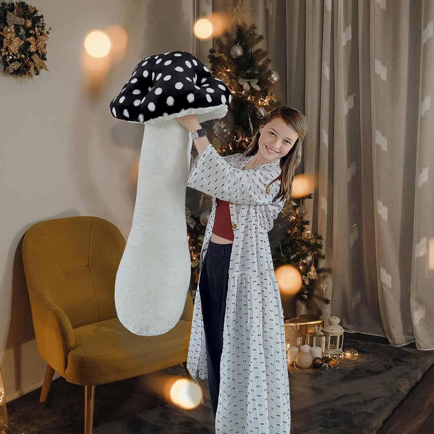Hofun4U Giant Mushroom Plush Pillow - 51 inch Mushroom Shaped Stuffed Long Body Pillow - Polka Dot Mushroom Plush - Christmas Birthday Gifts Choice Home Decoration (Black) (Hofun-flumush-Black-130)