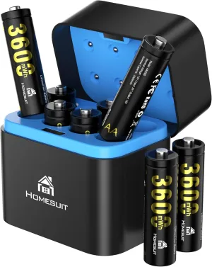 Homesuit Rechargeable Lithium AA Batteries 8 Pack with Charger, High Capacity 3600mWh Lithium Batteries AA Rechargeable, 1.5V Li-ion Double A Battery Recharge up to 2000  Cycles