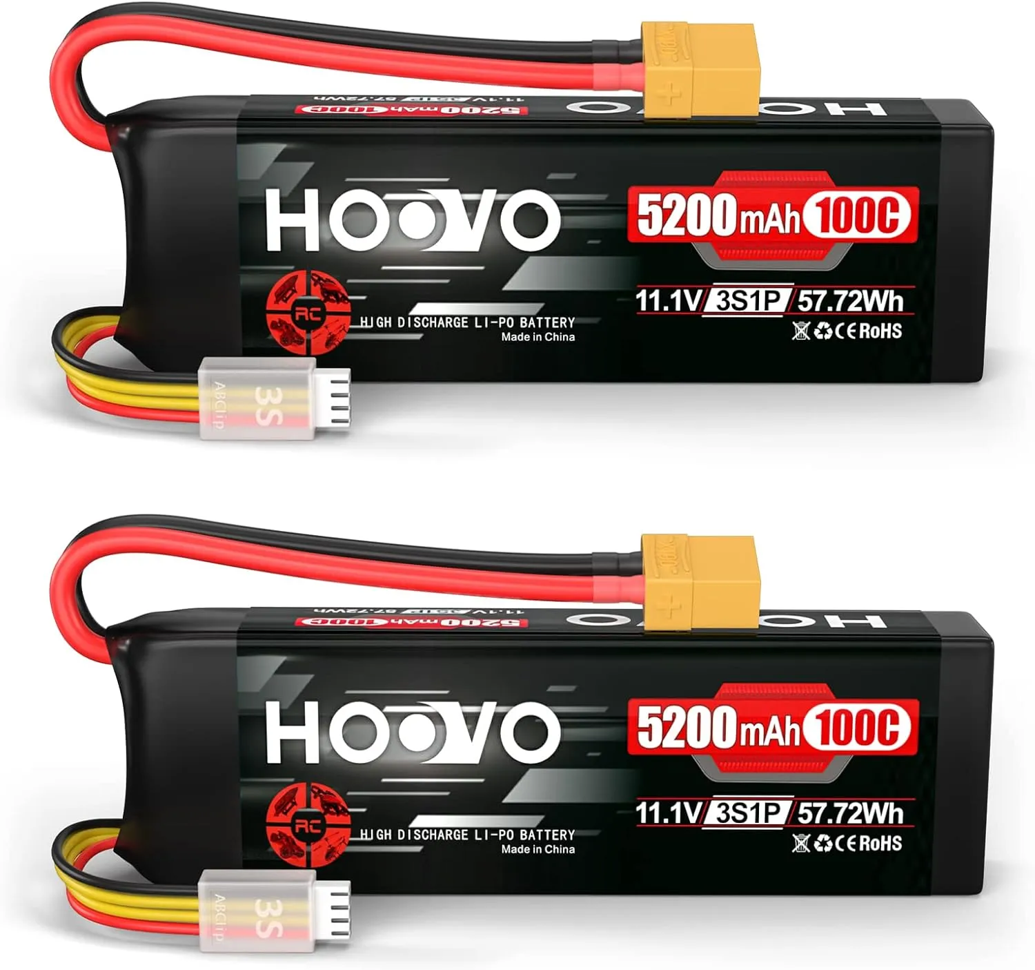 HOOVO 3S 11.1V 5200mAh 100C Lipo Battery with XT90 Connector for RC Car RC Helicopter Airplane Quadcopter UAV Drone FPV (2 Packs)